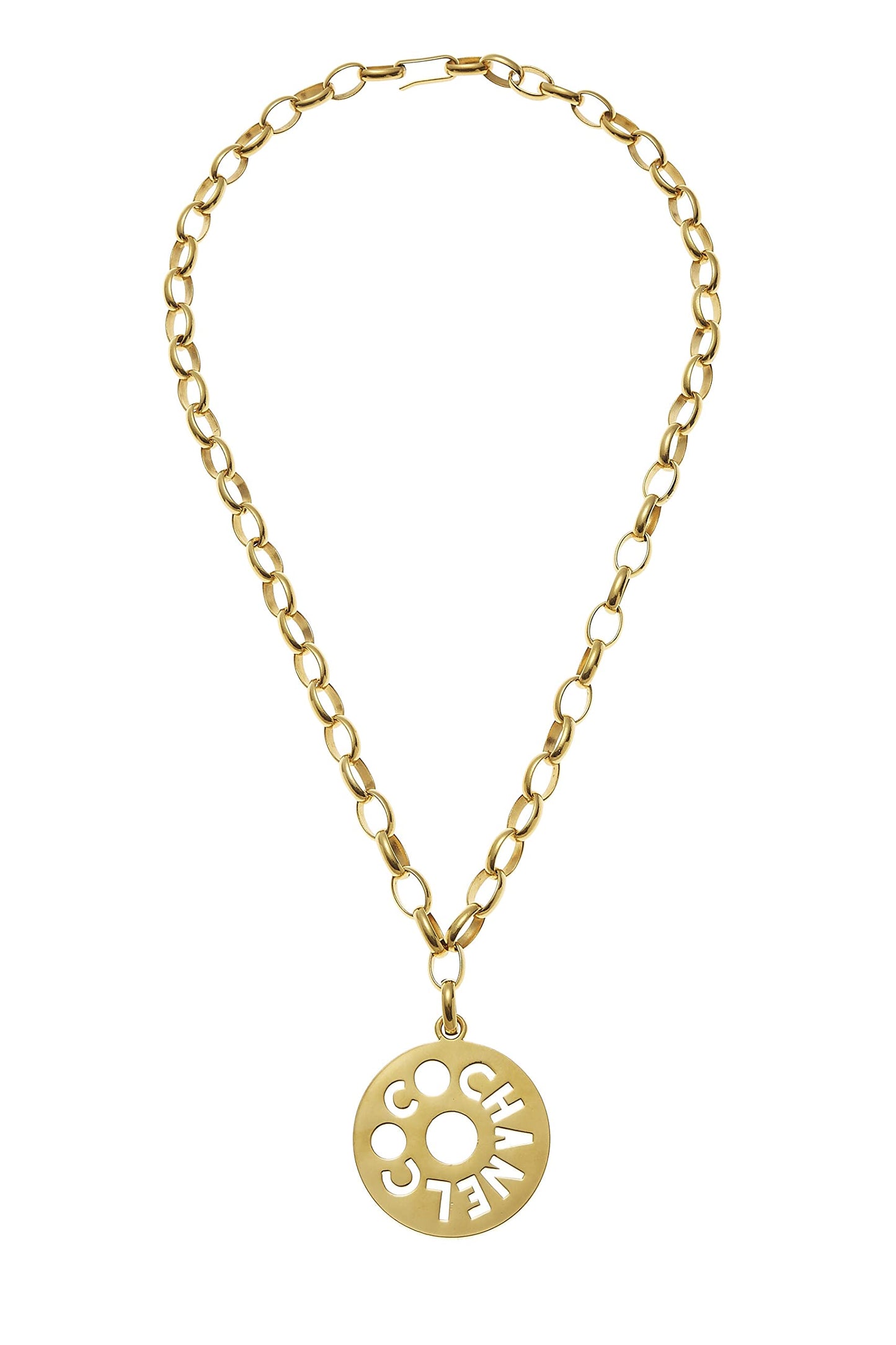 Chanel, collier avec pendentif rond découpé en chaîne en or coco, grand modèle, or