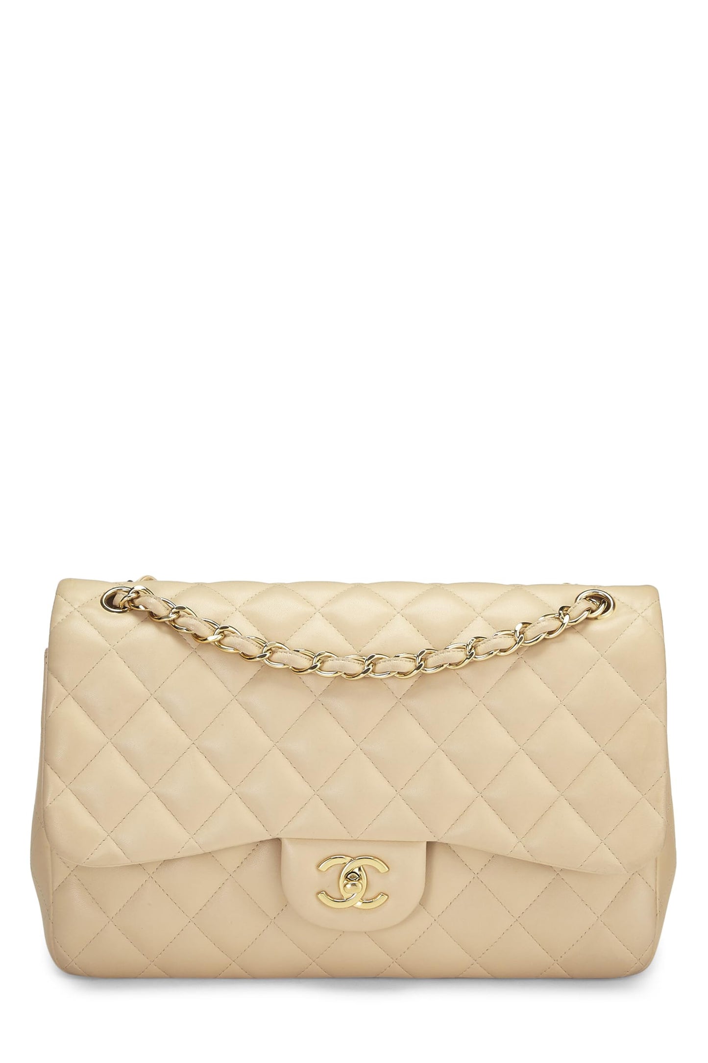 Chanel, Pre-Loved Beige Quilted Lambskin New Classic Double Flap Jumbo, Beige