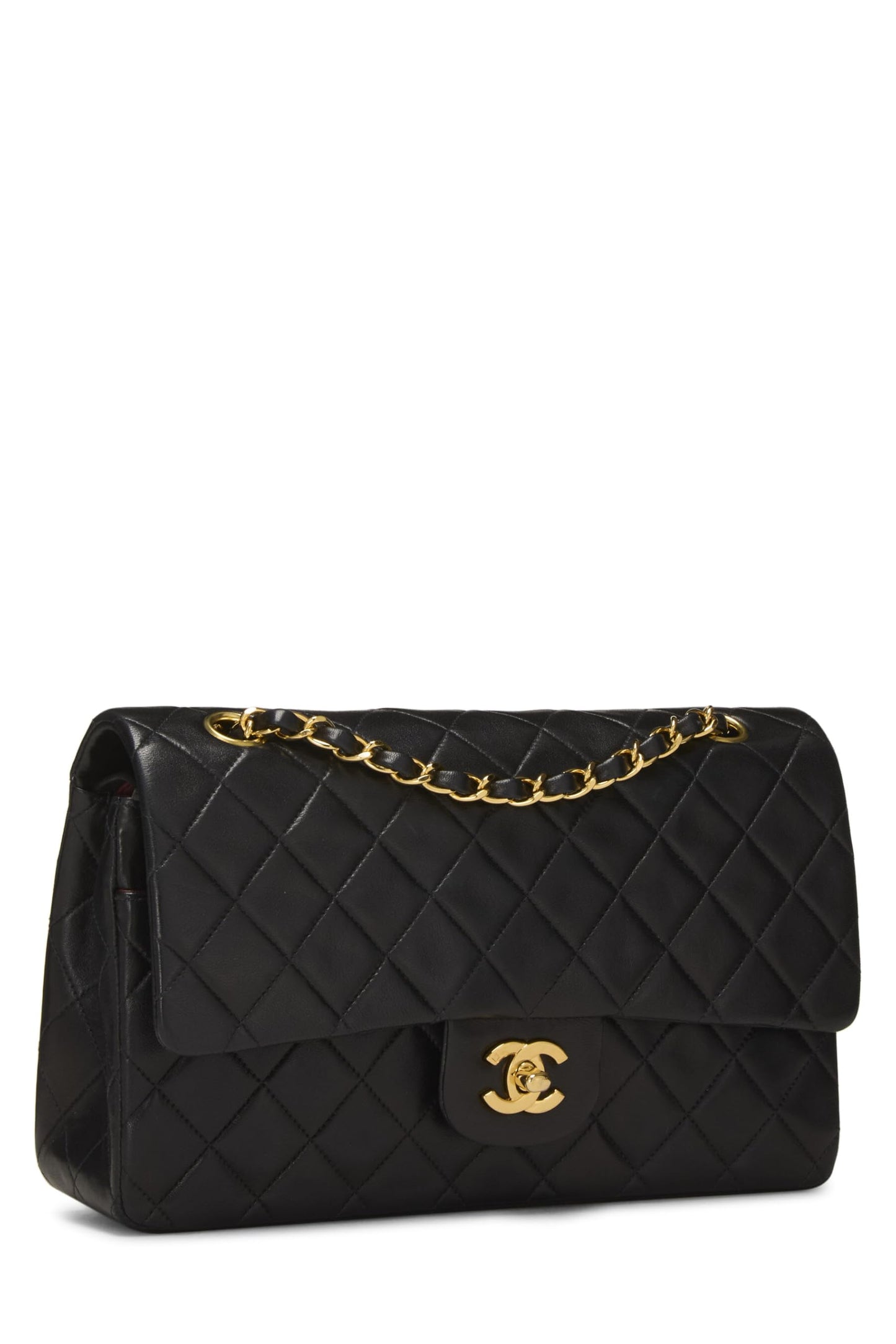 Chanel, Solapa doble clásica de piel de cordero acolchada negra Pre-Loved Mediana, Negro