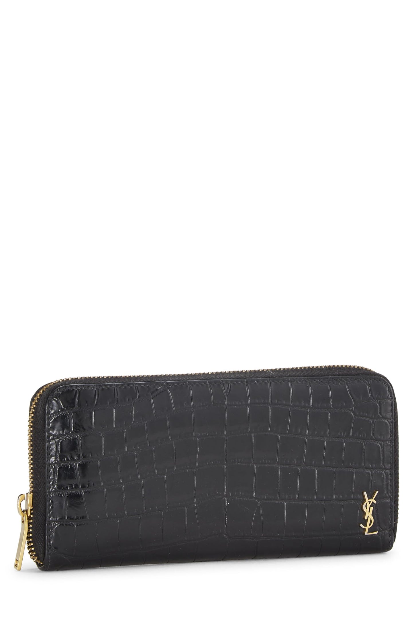 Yves Saint Laurent, Pre-Loved Black Embossed Leather Continental Zip Around Wallet, Black