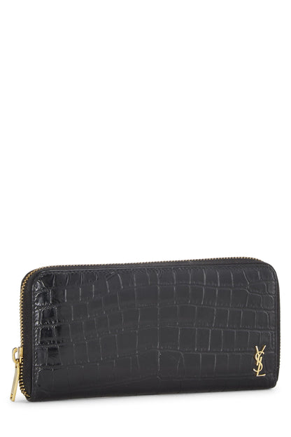 Yves Saint Laurent, portefeuille continental zippé en cuir noir gaufré d'occasion, noir