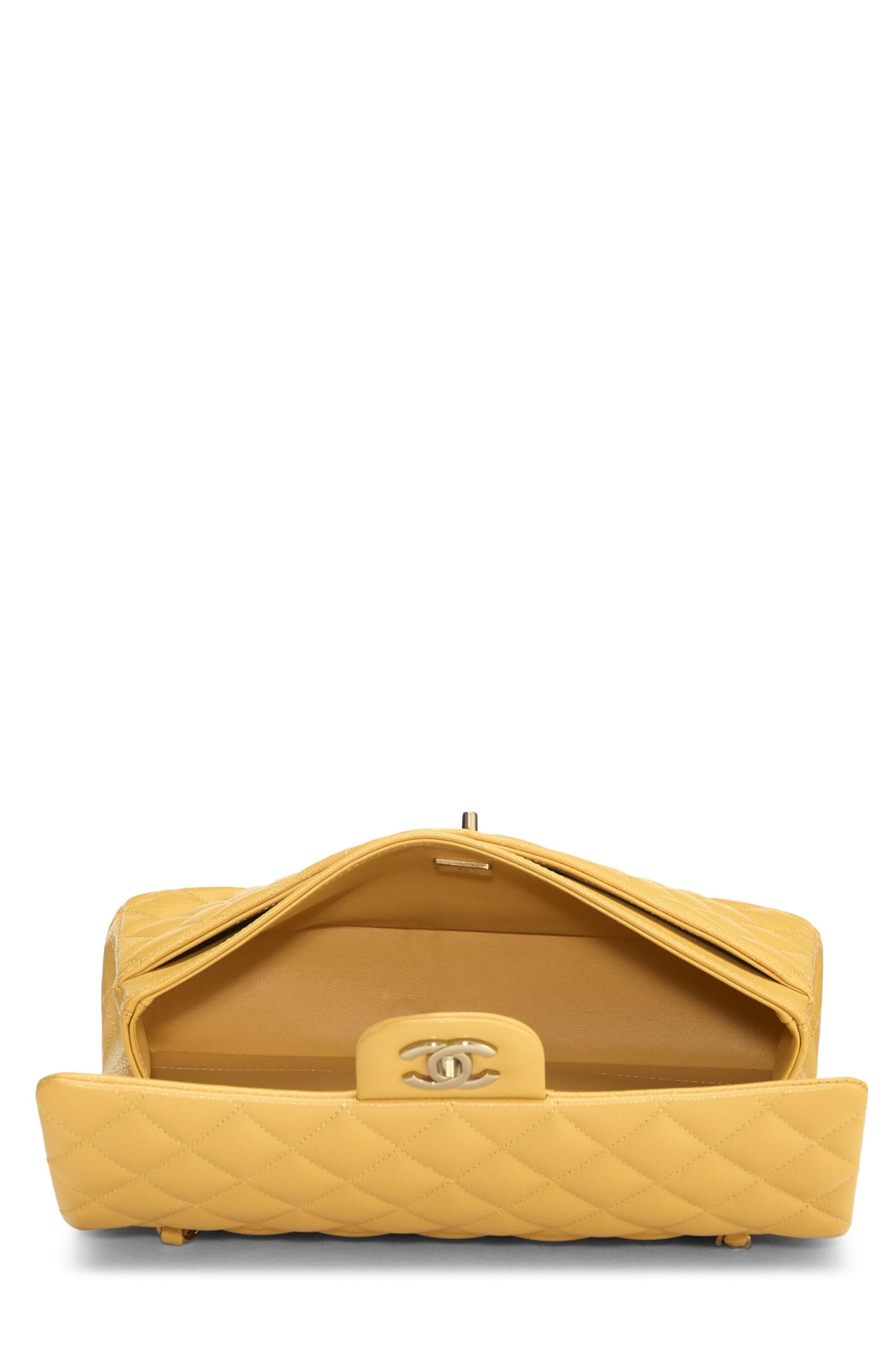 Chanel, Caviar clásico acolchado amarillo Pre-Loved con doble solapa mediana, Amarillo