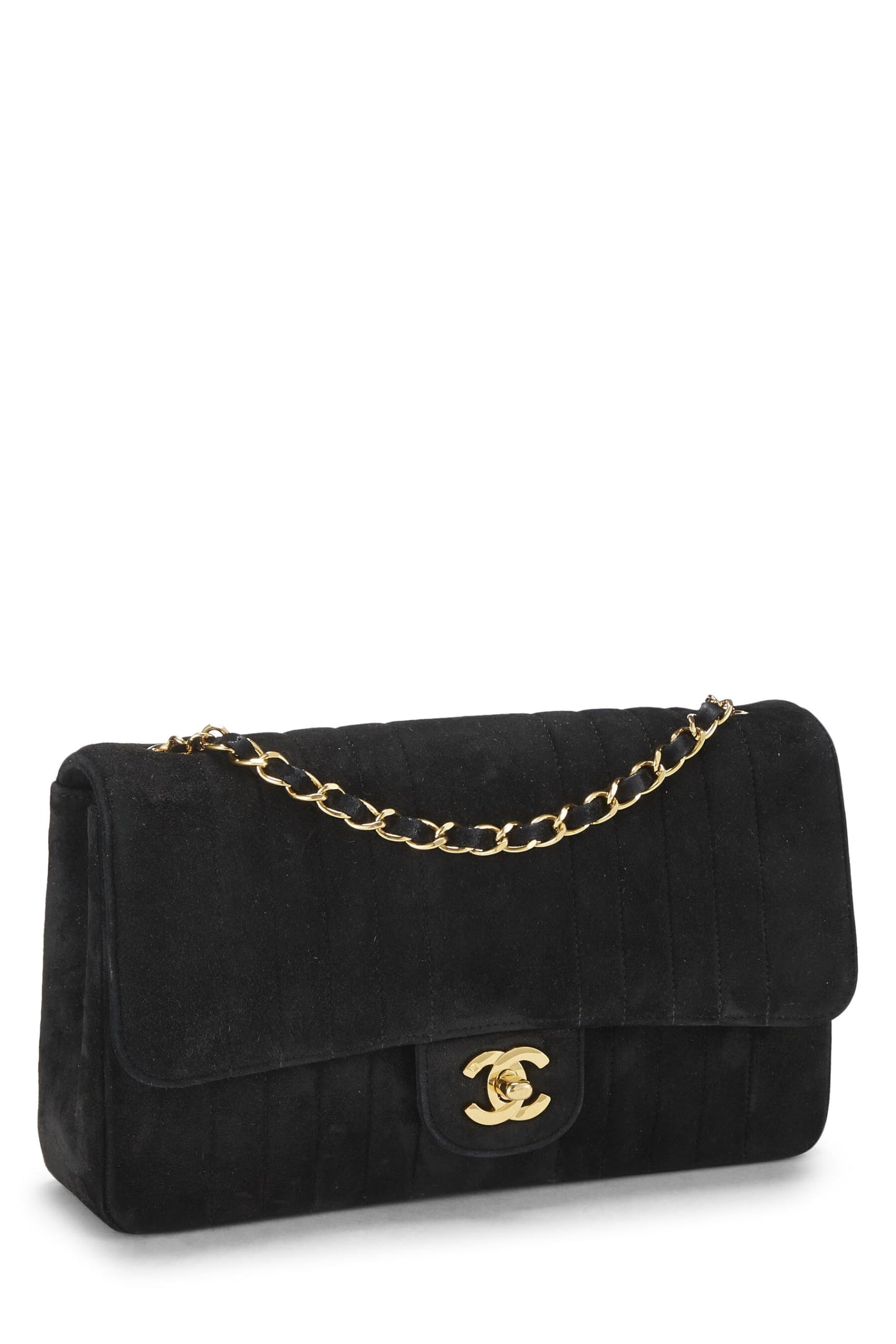 Chanel, sac à rabat vertical moyen en daim noir d'occasion, noir