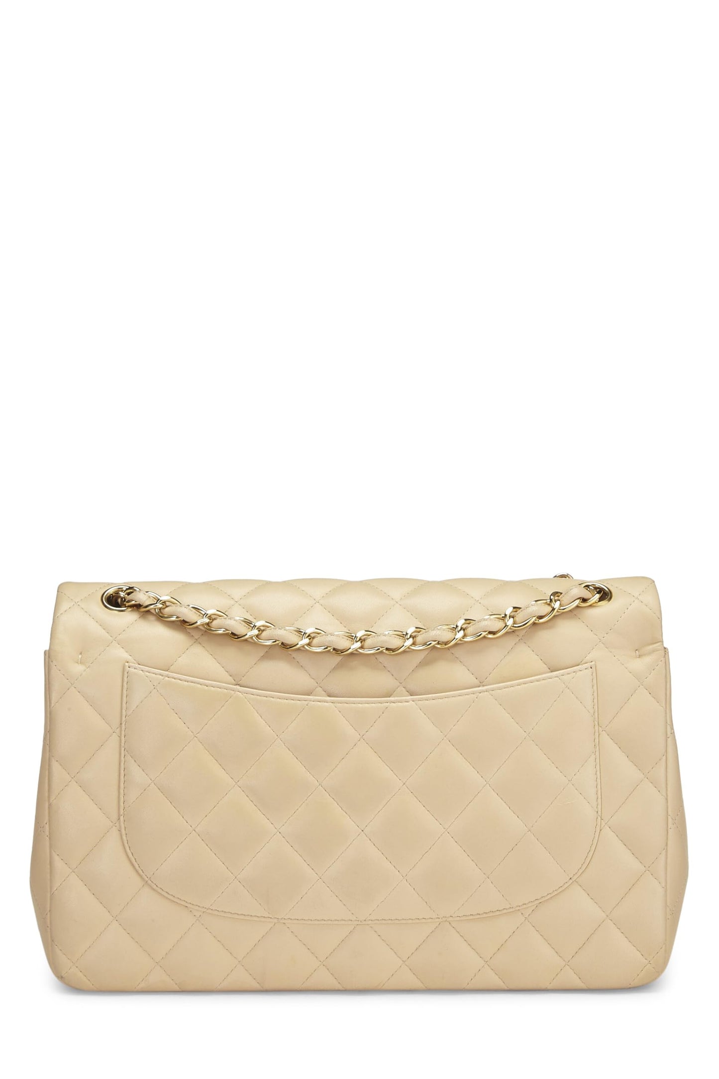 Chanel, Piel de cordero acolchada beige Pre-Loved New Classic Jumbo con doble solapa, Beige