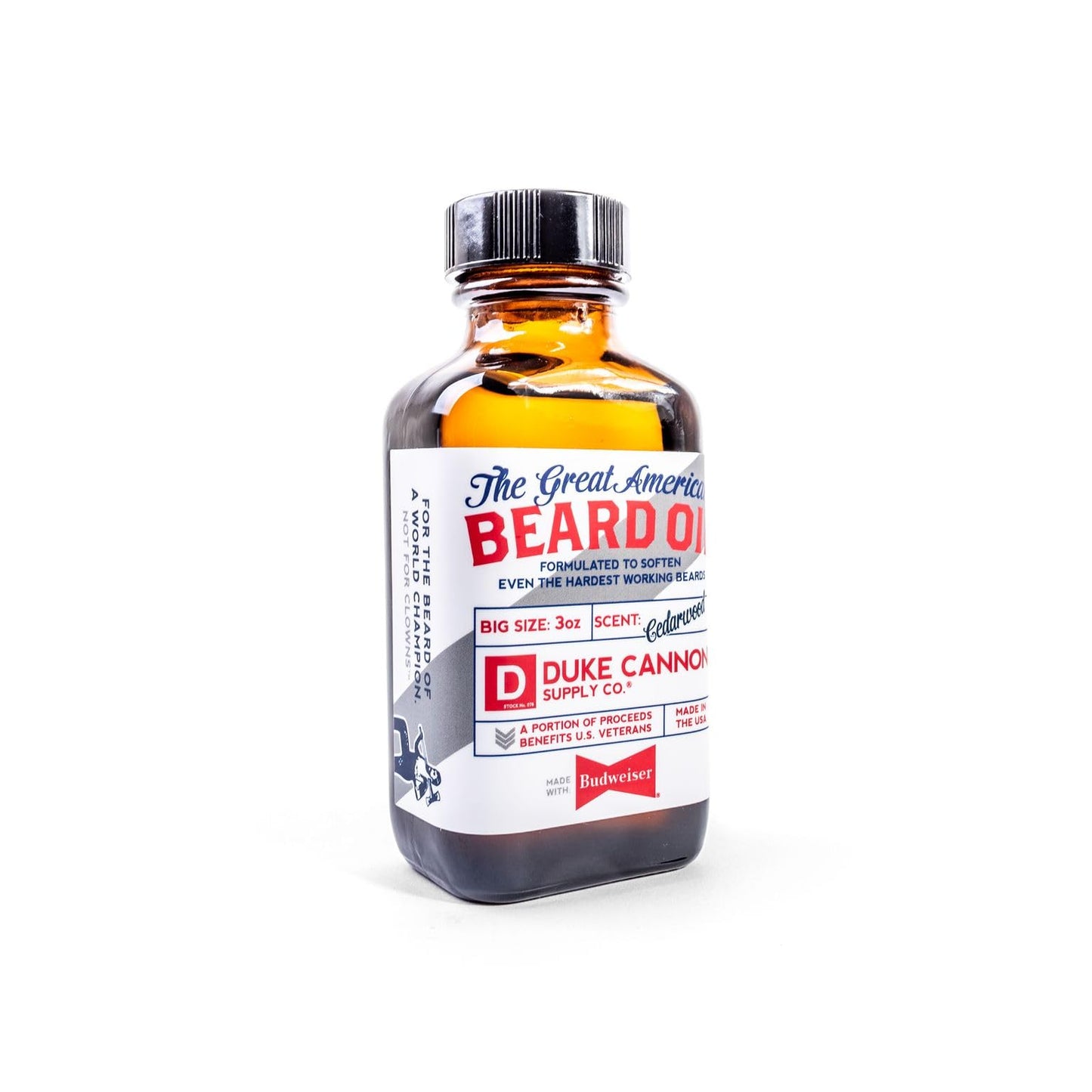 Duke Cannon Great American Beard Oil with Budweiser - 3oz.|Natural Conditioning w/Apricot Kernel Oils|Infused w/Real Budweiser Beer Protein|Warm Cedarwood Scent for a Rugged, Yet Refined Beard