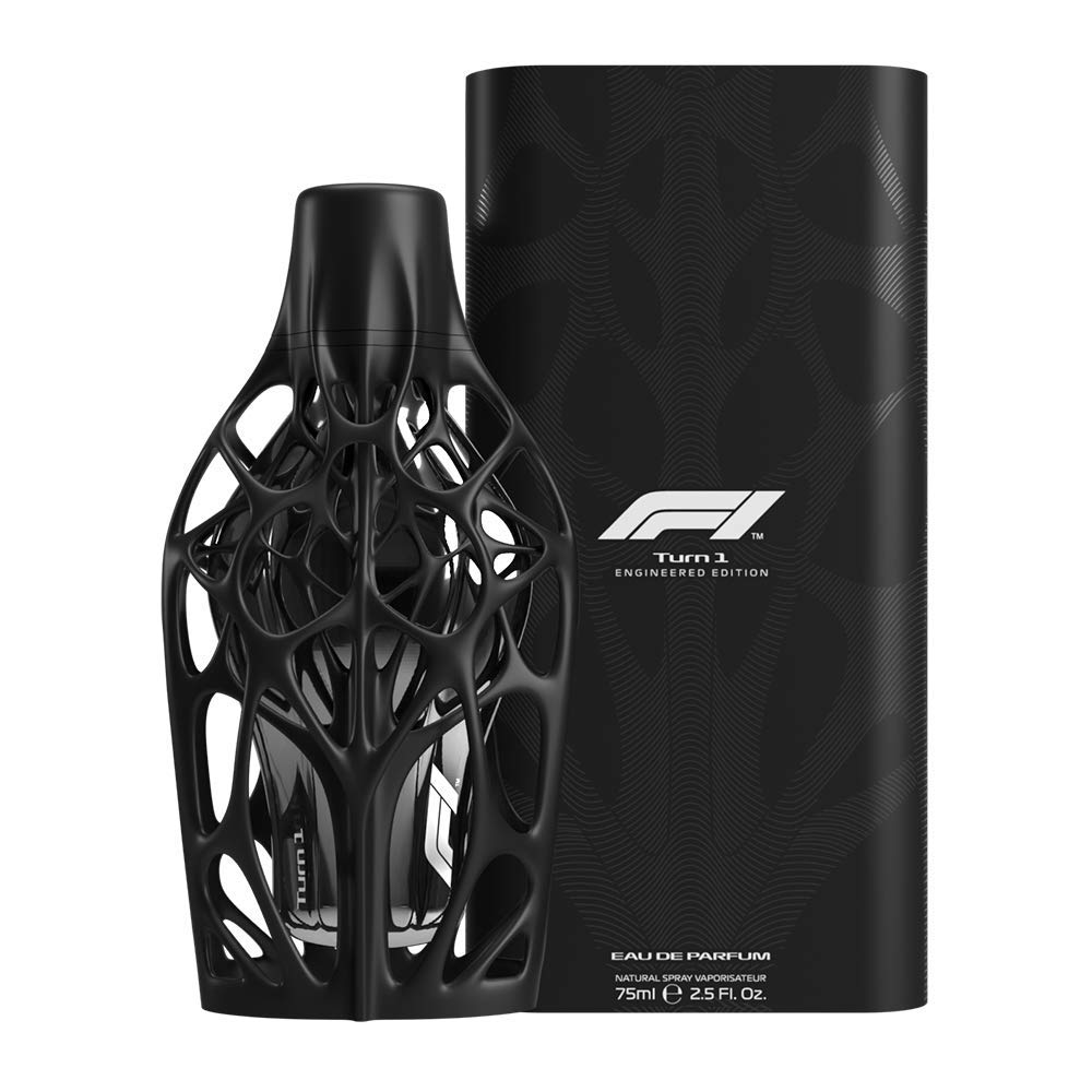 Perfume Formula 1 TURN 1 Engineered Collection para hombre, una colonia EDP de cuero amaderado para hombre, producto oficial de F1 con licencia, diseño de botella exclusivo con exoesqueleto 3D, regalo de carreras, 2,5 onzas líquidas