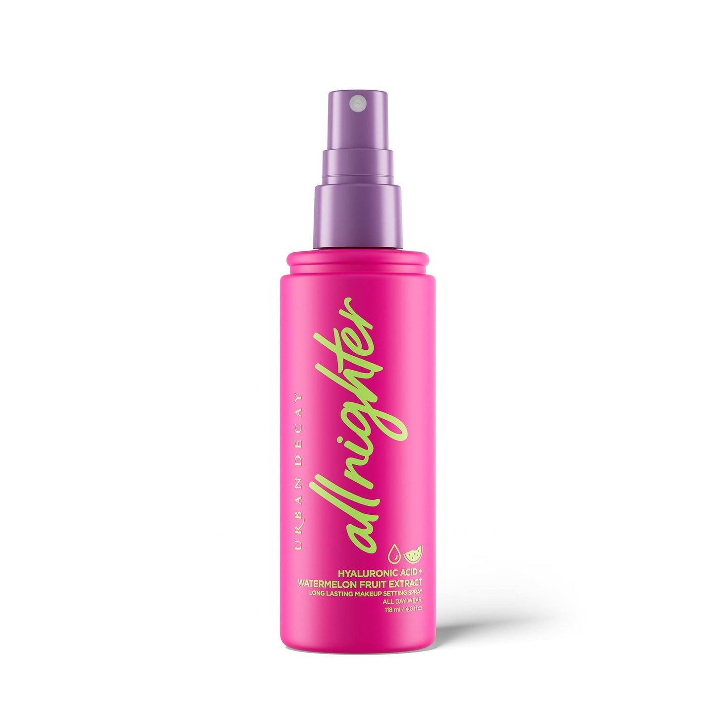 Spray fixateur imperméable à l'acide hyaluronique All Nighter d'Urban Decay pour le visage (format standard), aspect lumineux et éclatant, maquillage longue tenue, anti-taches et résistant au transfert, parfum pastèque - 4 fl oz