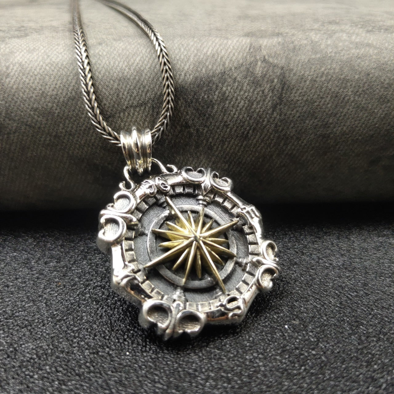 New S925 Sterling Silver Deep Sea Compass Dog Tag Men's Necklace