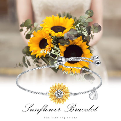 Bracelets Tournesol avec Initiale A Cadeaux Tournesol en Argent Sterling pour Femmes Filles Bijoux Tournesol