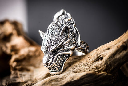 925 Sterling Silver Jewelry Rough Wolf Head Male Ring