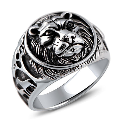 Sterling Silver Ornament Domineering Lion Head Beast Man Ring