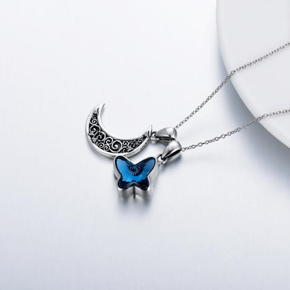 Pendentif funéraire en argent sterling avec croissant de lune et collier papillon bleu