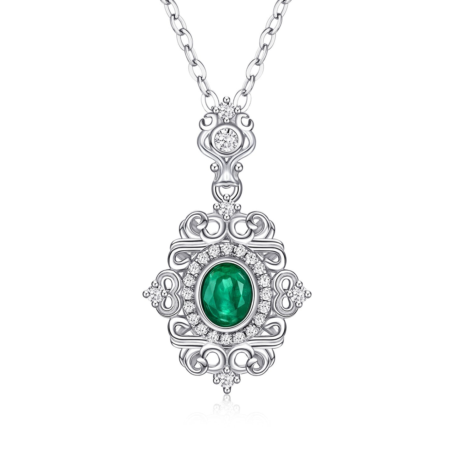 Natural Emerald Necklace Female Vintage Lace Design S925 Silver Inlaid Gem Pendant