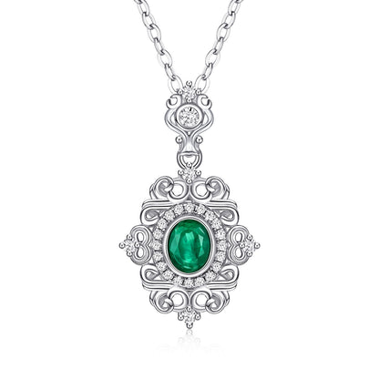 Natural Emerald Necklace Female Vintage Lace Design S925 Silver Inlaid Gem Pendant