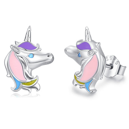 Pendientes de unicornio en plata de ley 925, bonitos y pequeños pendientes de unicornio para mujer