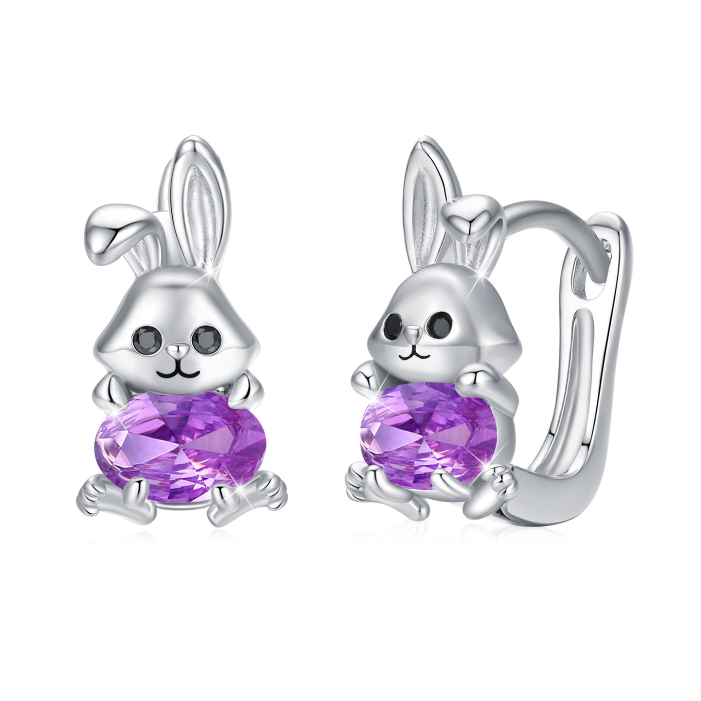 Bunny Earrings 925 Sterling Silver Rabbit Purple Zircon Huggie Hoop Earrings for Sensitive Ears