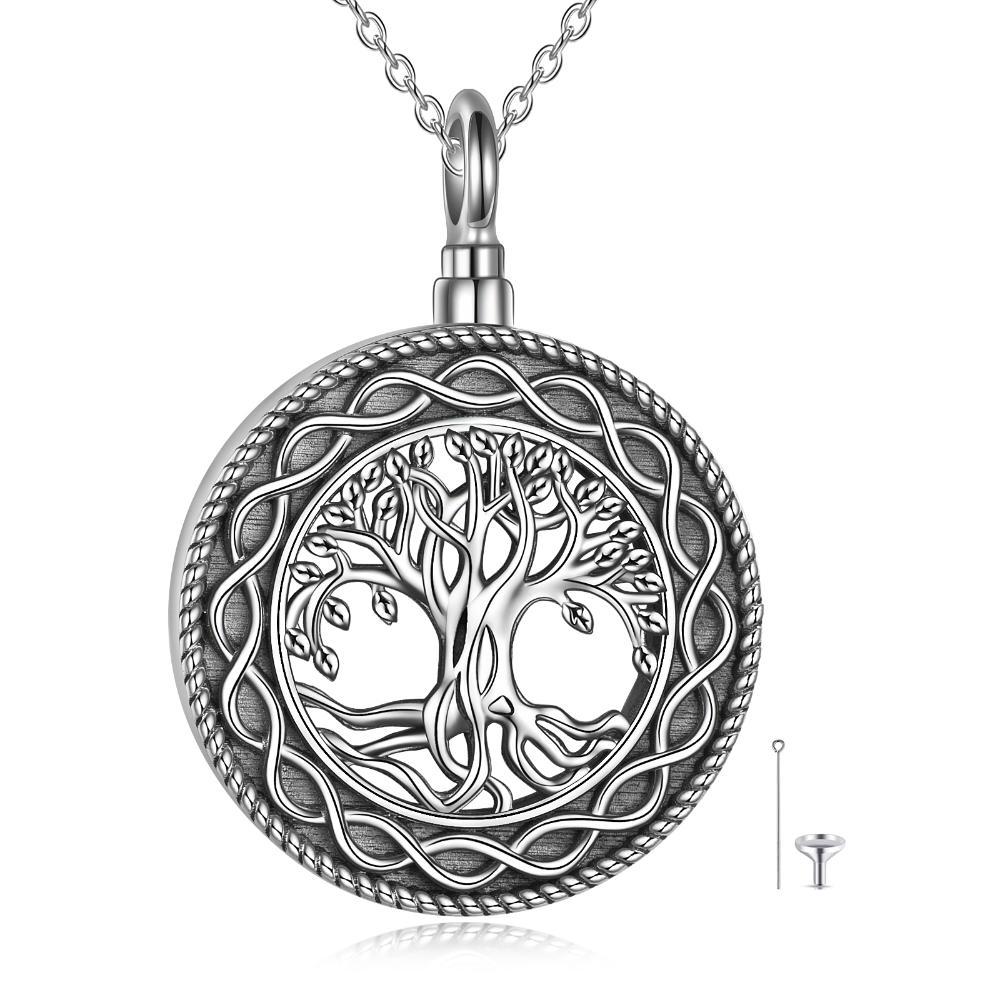 Collier urne funéraire en argent sterling avec pendentif en forme de cercle et arbre de vie