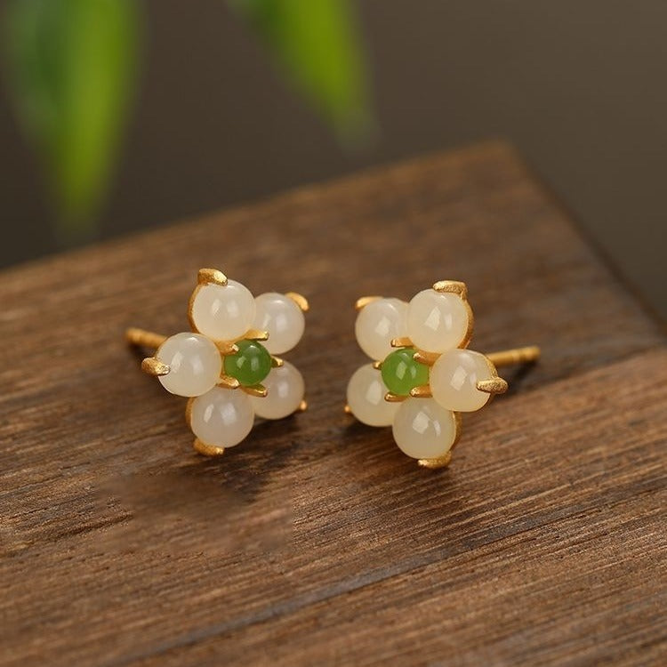 Natural Hetian Jade 925 Sterling Silver Flower Ear Studs