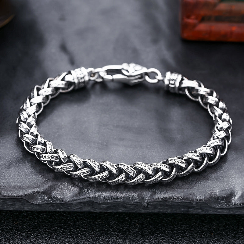 Bracelet tissé en argent sterling pour homme avec mantra à six mots