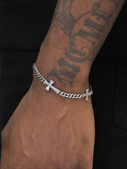 Pulsera de cadena de eslabones cubanos con doble cruz de plata esterlina para hombre estilo hip hop