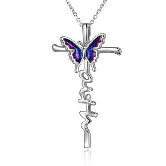 Collier en argent sterling avec croix papillon Bijoux cadeaux pour femmes