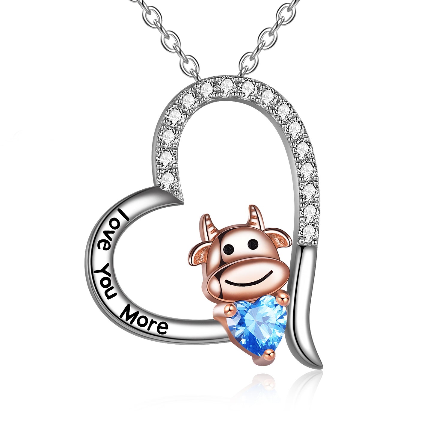 Collar con colgante de vaca y corazón de circonita cúbica en plata de ley con joyería del año del buey