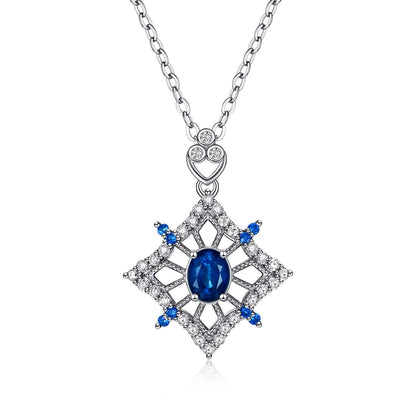 S925 Silver Set Natural Sapphire Necklace Female Hollow Diamond Pendant