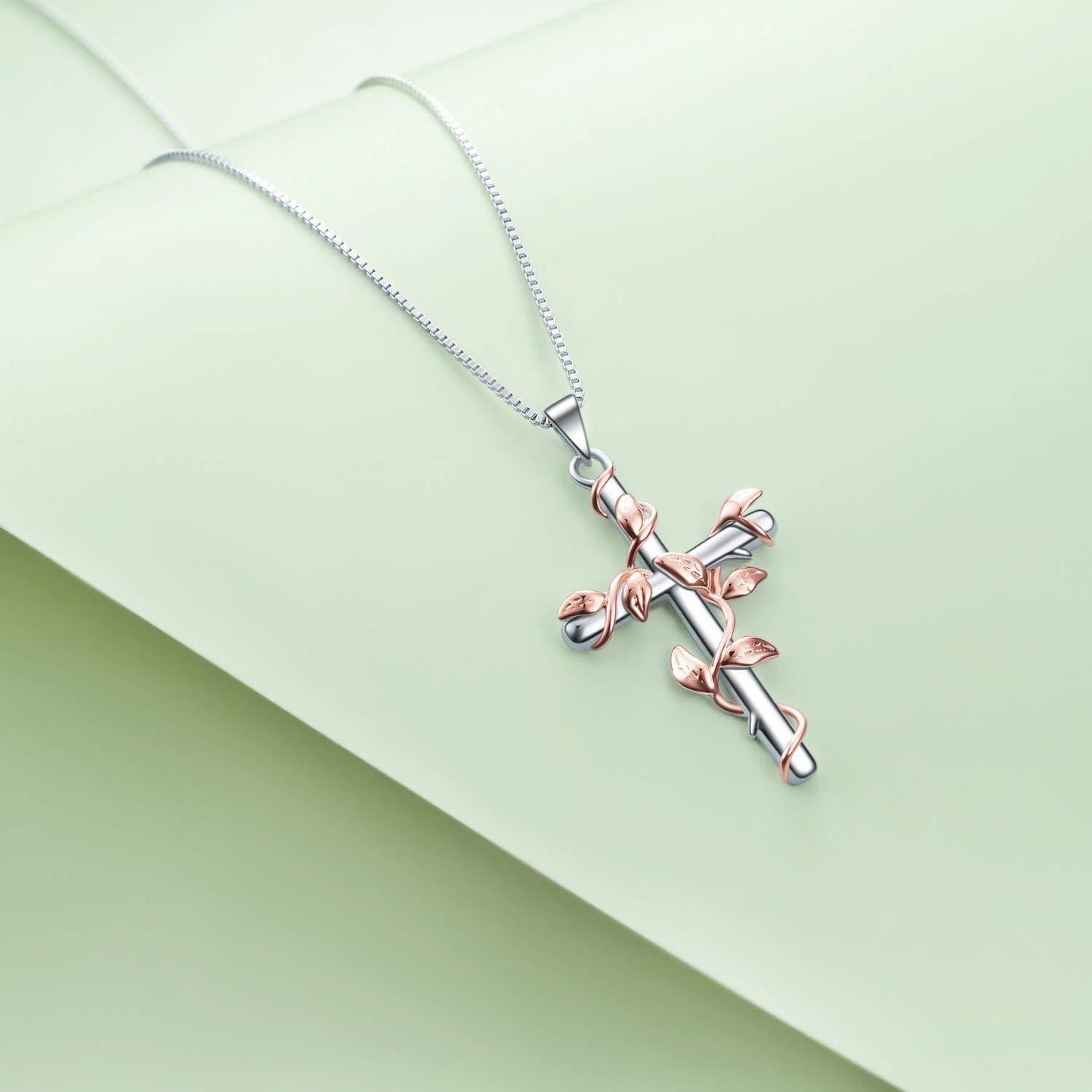 Collier pendentif croix en argent sterling avec fleur rose, bijoux cadeaux