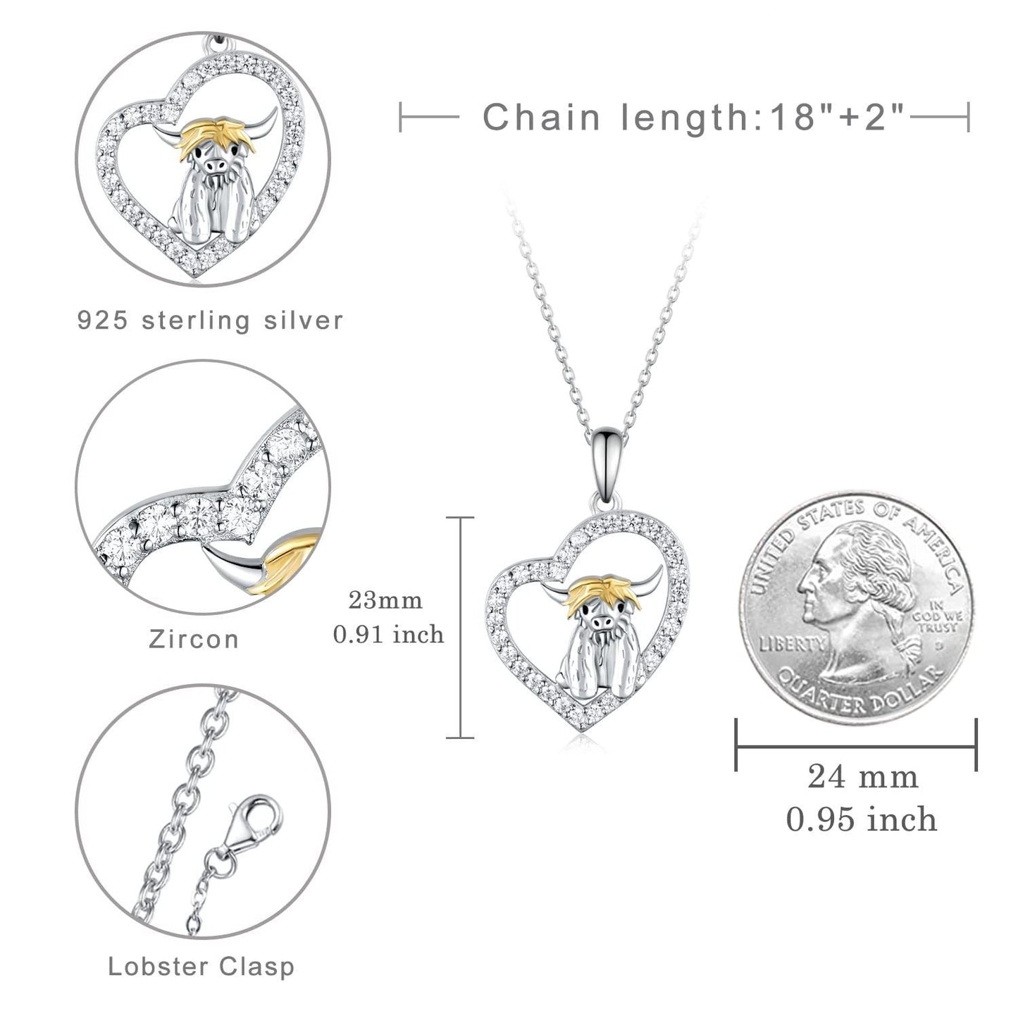 Collier vache des Highlands en argent sterling 925 avec pendentif en forme de cœur et animal, bijoux animaux, cadeaux pour femmes, filles et filles