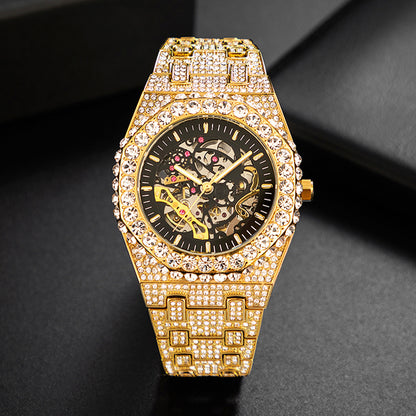 Reloj mecánico automático de fiesta de hip hop con diamantes completos