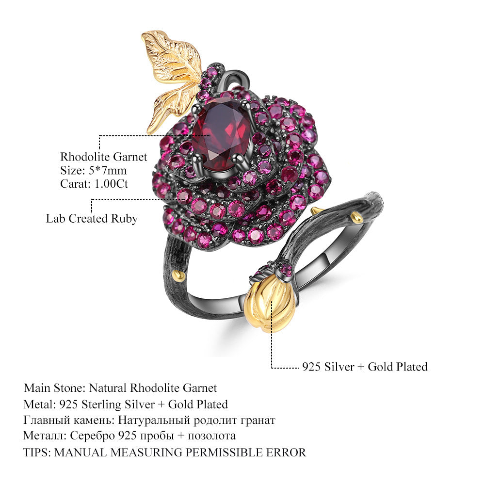 Bague en argent S925 avec pierres précieuses naturelles colorées et motif rose des vents naturelle