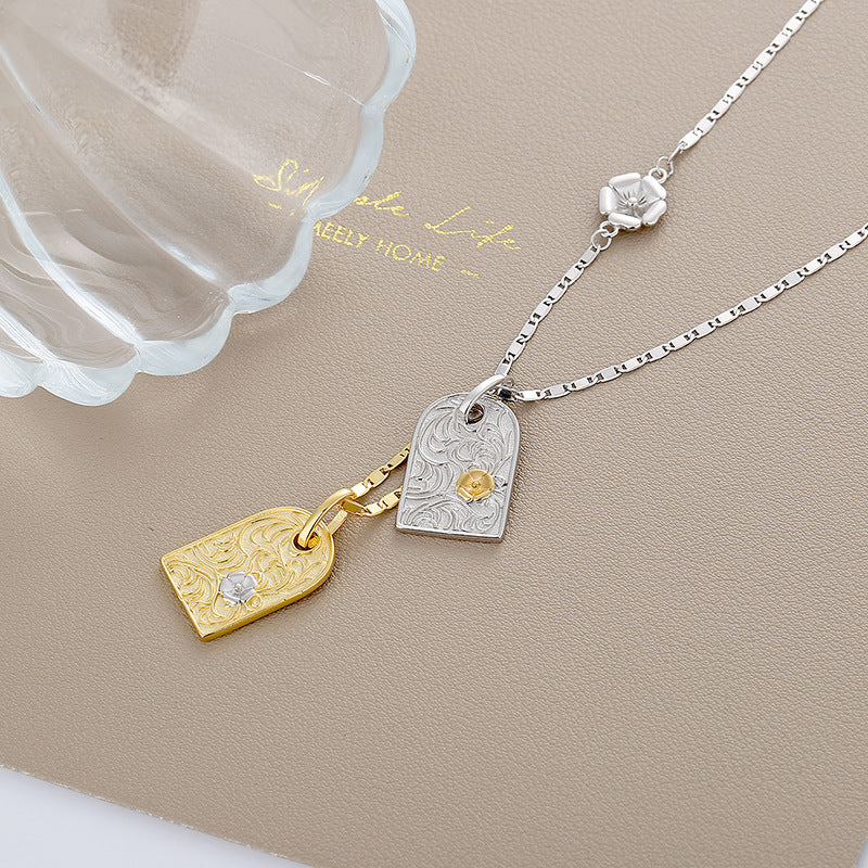 S925 Sterling Silver Silver Color Contrast Tang Cao Hua Square Necklace Female Cool Style