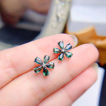 Colored Gems Jewelry 925 Silver Inlaid Natural Sapphire Water Drop Flower Stud Earrings