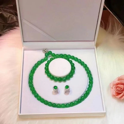 Gao Bing Emperor Green Chalcedony Ball Bracelet Necklace Eardrops Suit