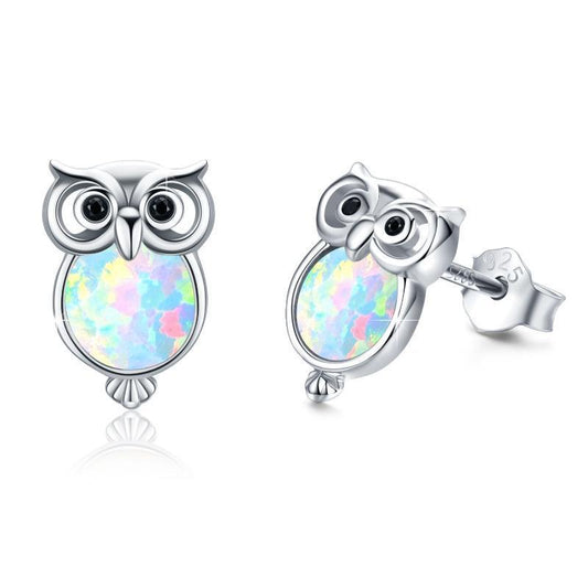 Boucles d'oreilles à tige en argent sterling avec petite chouette et opale mignonne