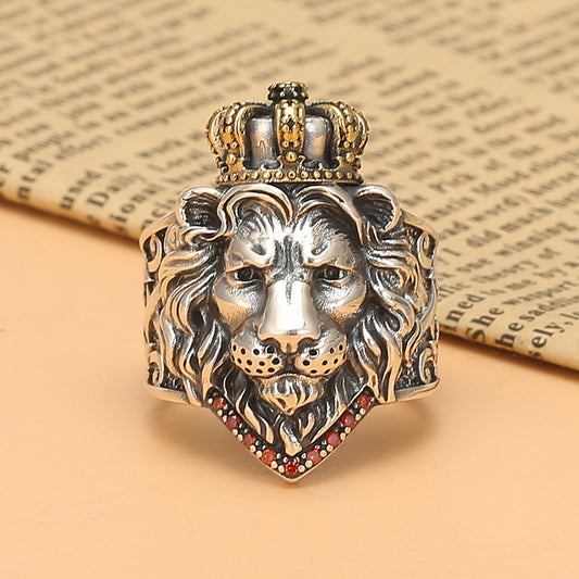 Bague tête de lion mâle en argent sterling avec croix et couronne vintage du Roi Lion