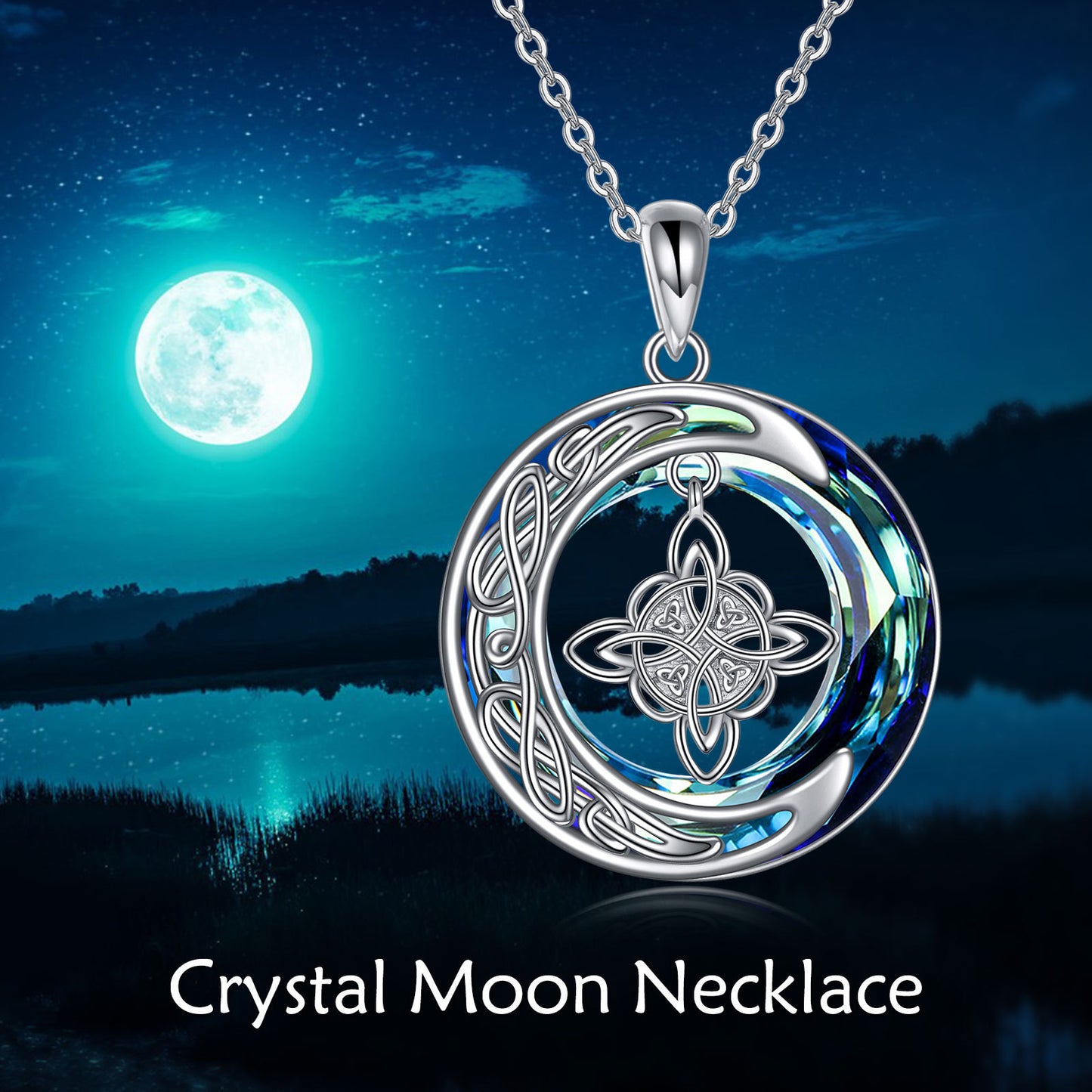 Collar de cristal de buena suerte con nudo de bruja celta y luna en plata de ley 925