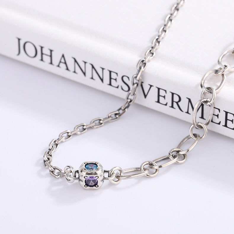 S925 Sterling Silver Retro One Colorful Zirconium Dice Double Layer Splicing Chain Necklace