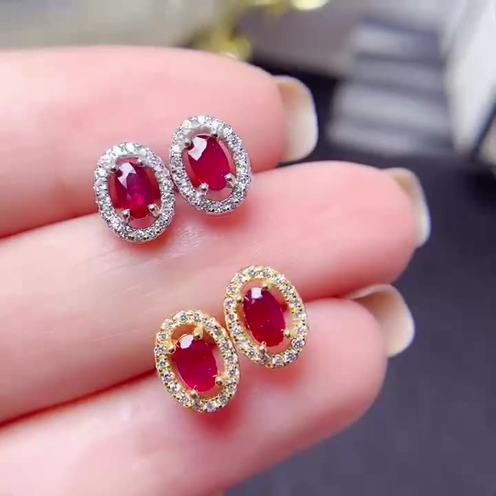 Colored Gems Jewelry 925 Silver Inlaid Natural Pigeon Blood Red Ruby Stud Earrings