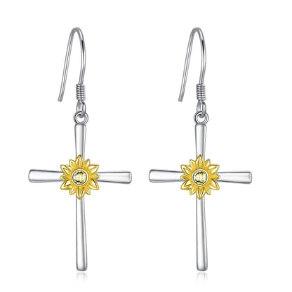 Boucles d'oreilles tournesol en argent sterling avec pendentif en forme de croix et crochets - Bijoux en forme de fleur de tournesol - Cadeaux pour femmes et adolescentes - Anniversaire