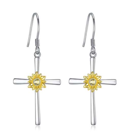 Pendientes de girasol de plata de ley con forma de cruz y ganchos colgantes, joyería de flores de girasol, regalos para mujeres, adolescentes, cumpleaños