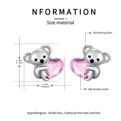 Pendientes de plata de ley 925 con forma de koala, animales adorables, hipoalergénicos, con forma de corazón y cristales