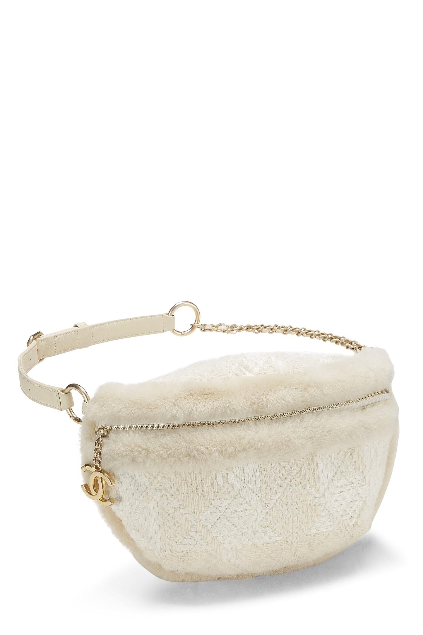 Chanel, Pre-Loved Ivory Tweed & Shearling Belt Bag, White