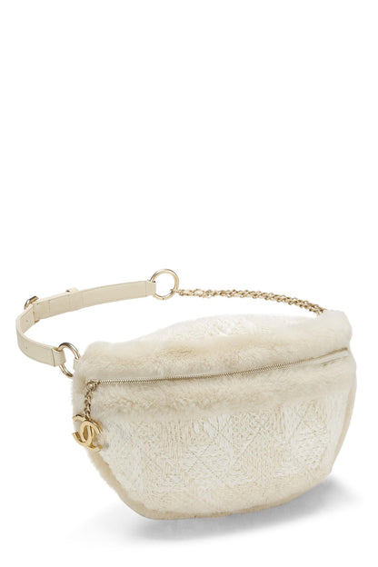 Chanel, Pre-Loved Ivory Tweed & Shearling Belt Bag, White