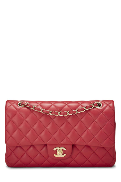 Chanel, sac à main classique à double rabat en cuir d'agneau matelassé rose d'occasion, taille M, rose