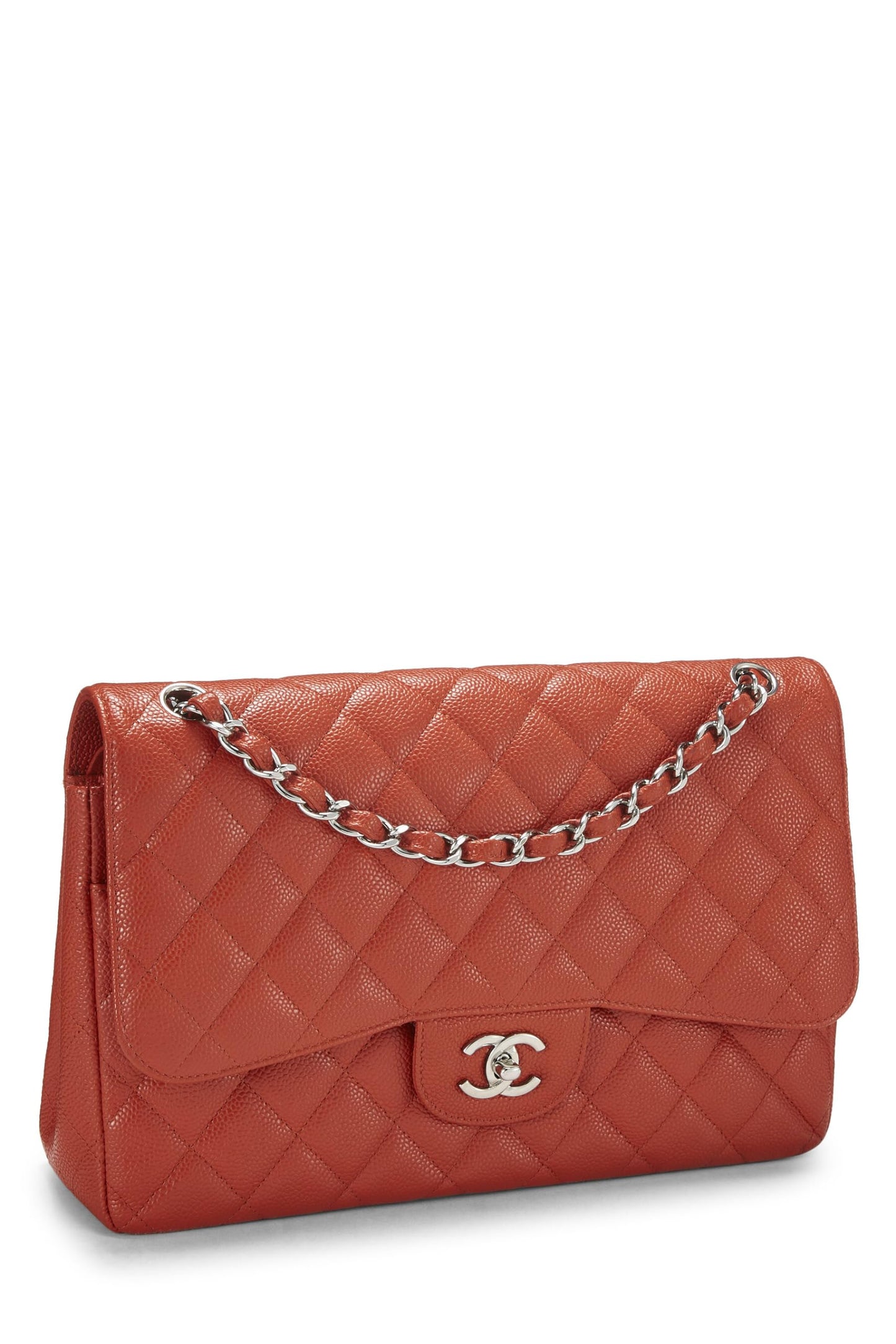 Chanel, Caviar acolchado naranja Pre-Loved New Classic Jumbo con doble solapa, Naranja