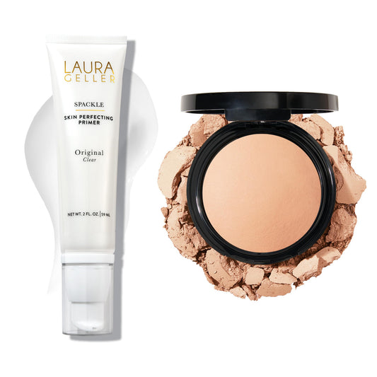 Fond de teint poudre Baked Double Take de LAURA GELLER NEW YORK, Fair + Spackle, base de maquillage perfectrice de peau super-format avec acide hyaluronique, originale