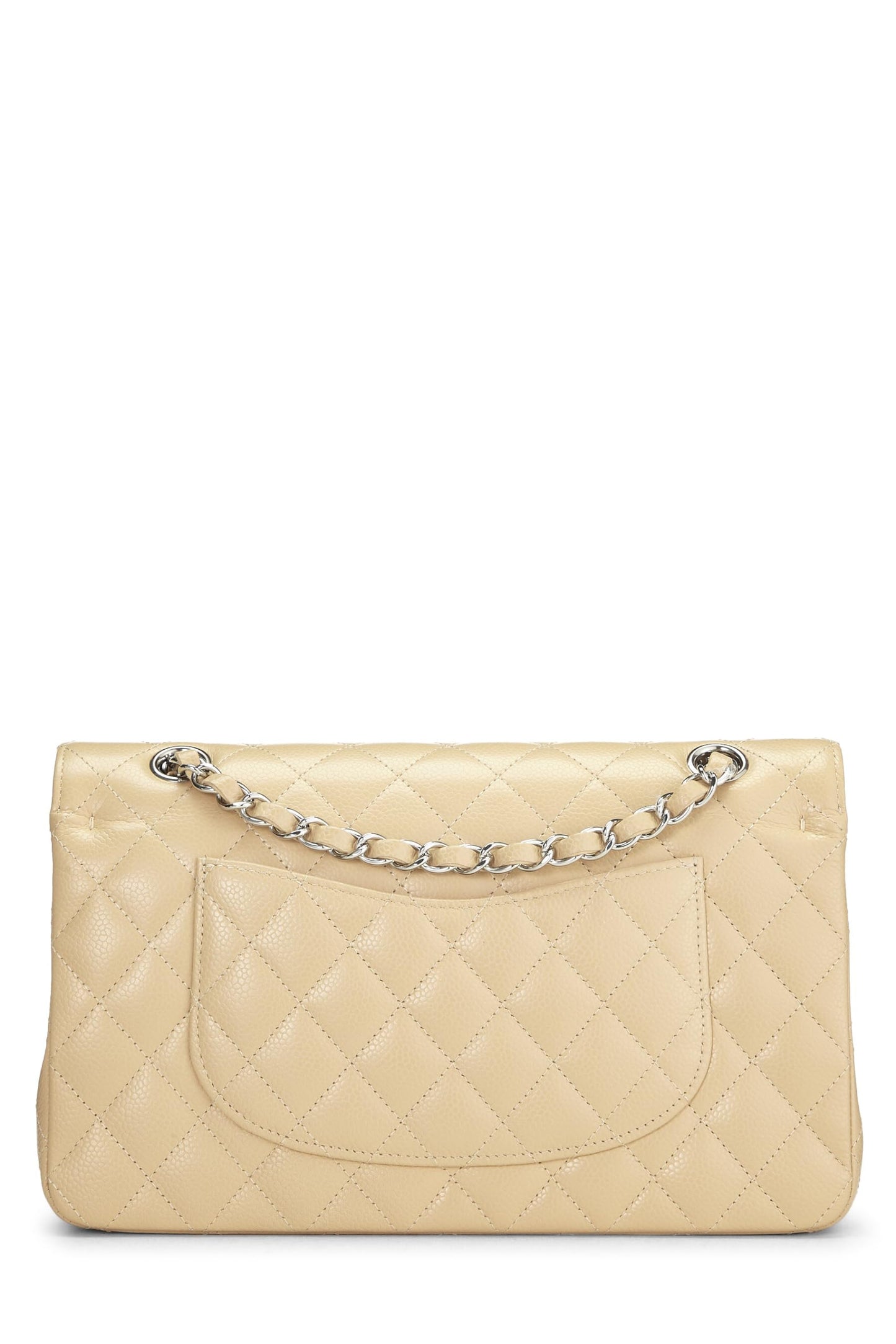 Chanel, sac à rabat double classique matelassé beige caviar d'occasion, taille M, beige