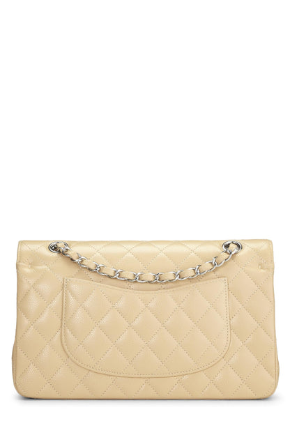 Chanel, sac à rabat double classique matelassé beige caviar d'occasion, taille M, beige