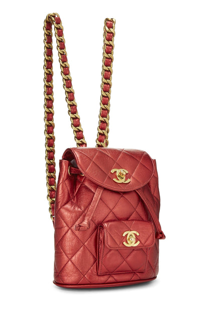 Chanel, Mochila clásica mini de cuero metalizado rojo Pre-Loved, Rojo